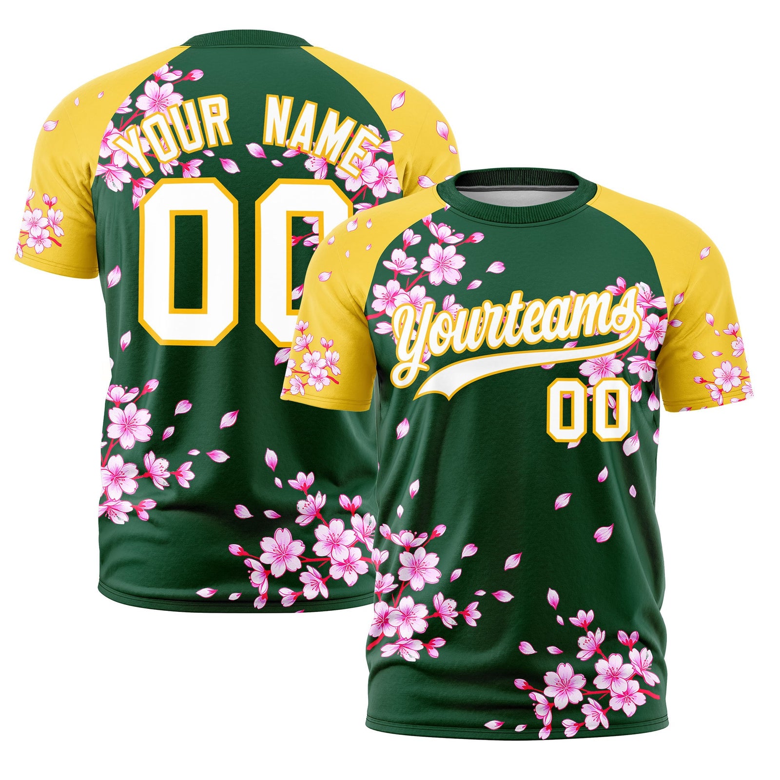 Custom Dark Green Gold White Cherry Blossoms Personalization Stretch Fabric T-shirt| KXKSHOP