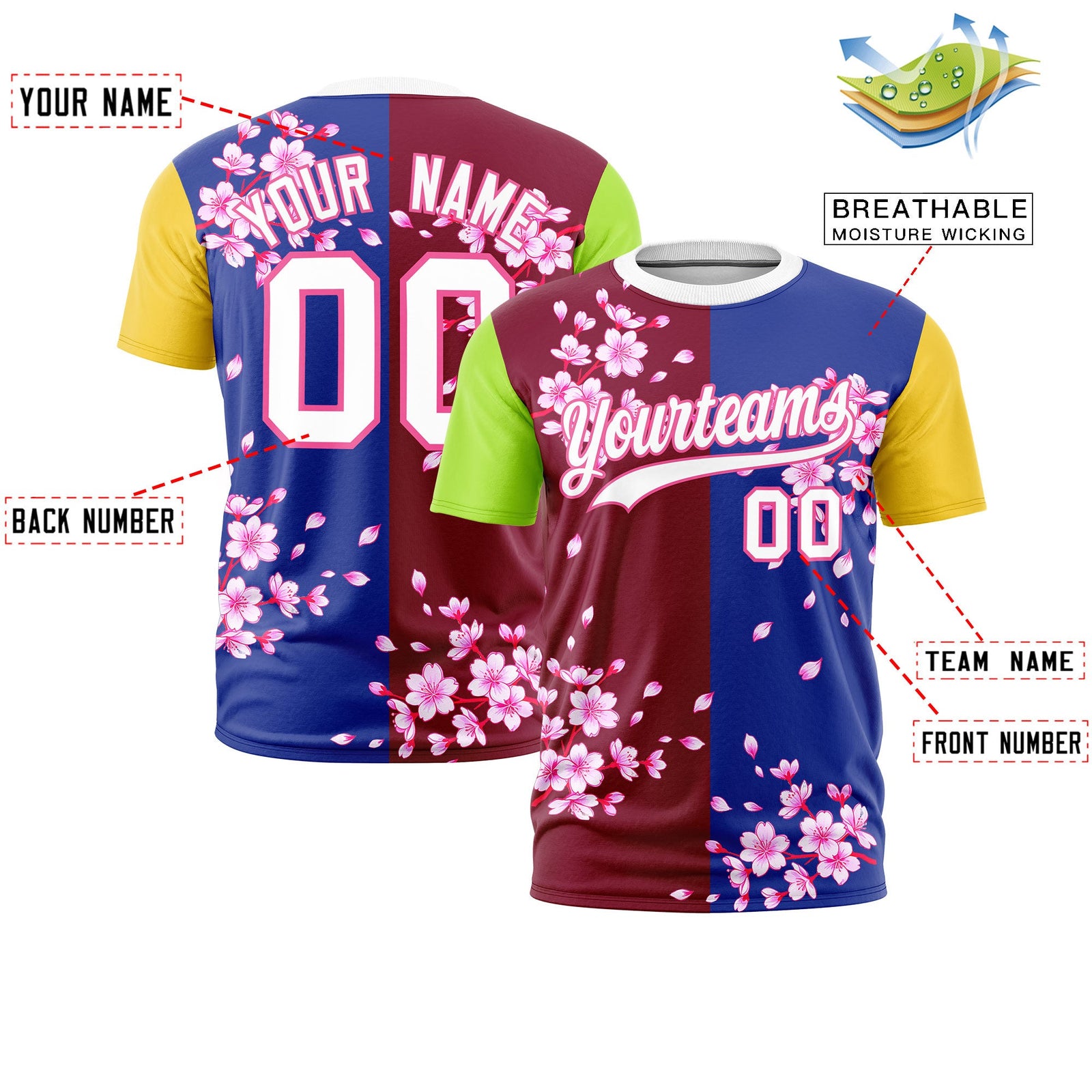 Custom Crimson Royal Blue Neon Green Cherry Blossoms Personalization Stretch Fabric T-shirt| KXKSHOP