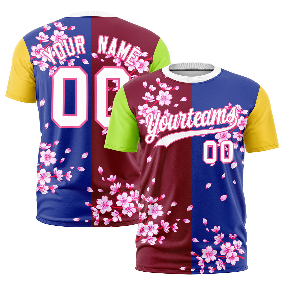 Custom Crimson Royal Blue Neon Green Cherry Blossoms Personalization Stretch Fabric T-shirt| KXKSHOP