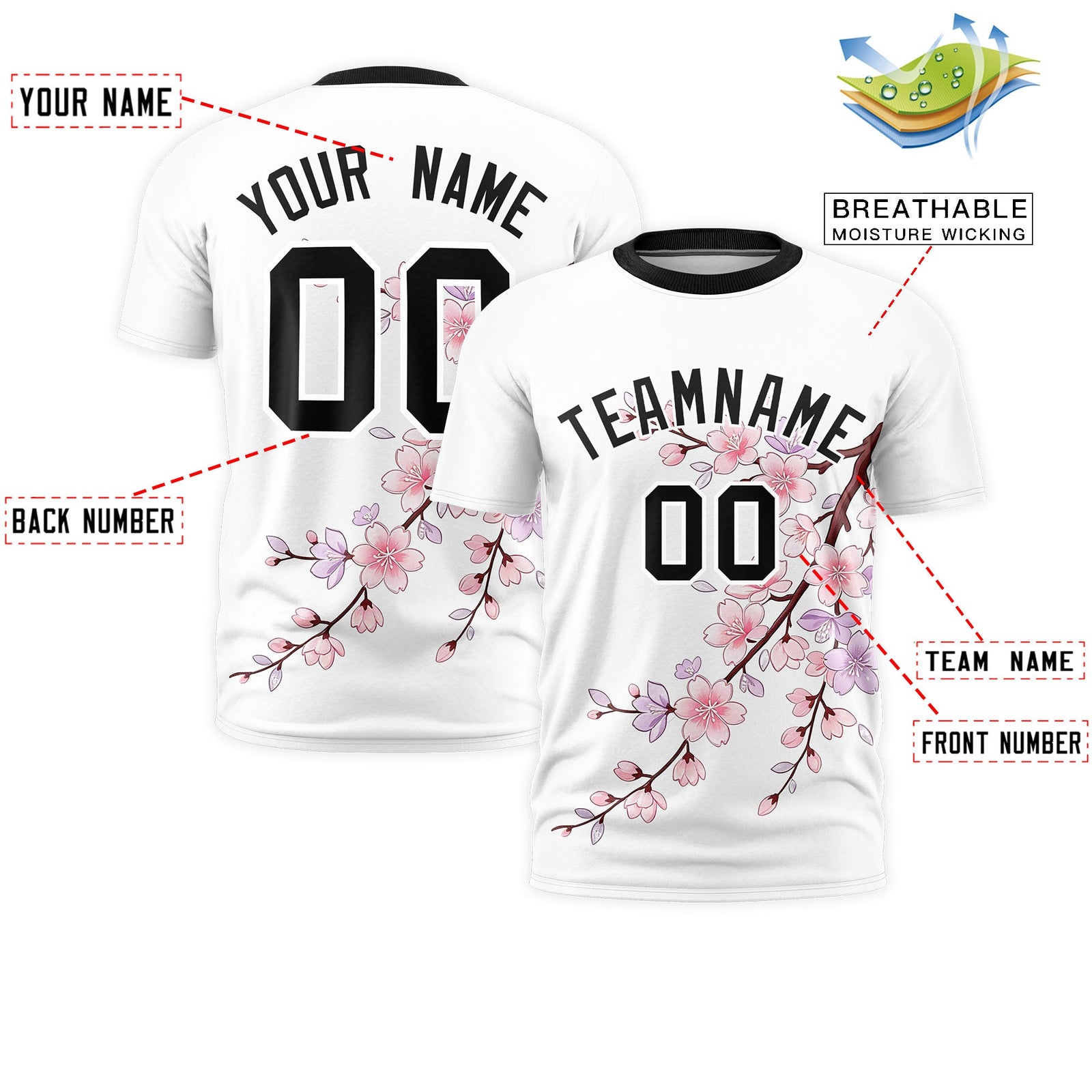 Custom White Black Cherry Blossoms Personalization Moisture-Wicking T-shirt| KXKSHOP