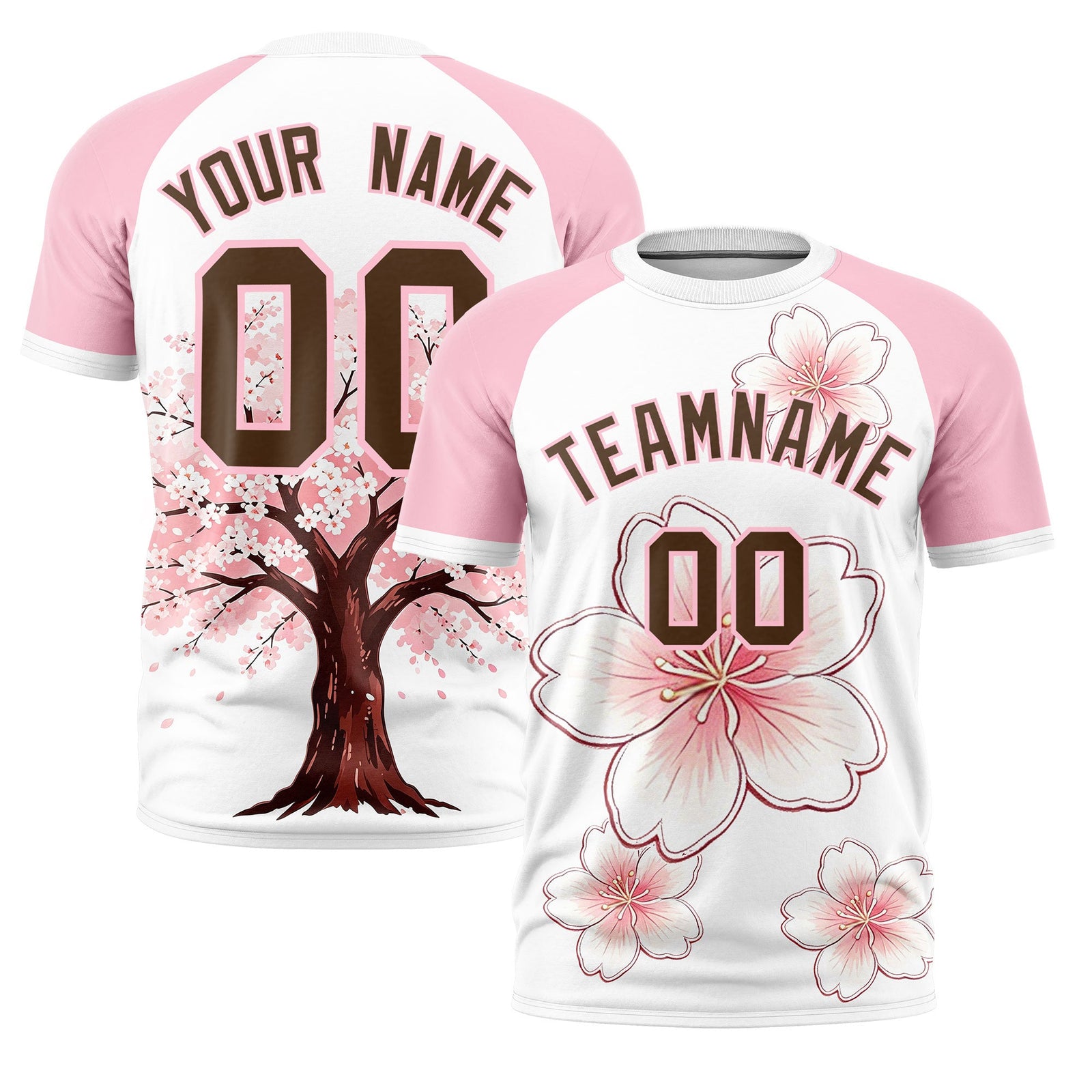 Custom White Light Pink Light Brown Cherry Blossoms Personalization Stretch Fabric T-shirt| KXKSHOP