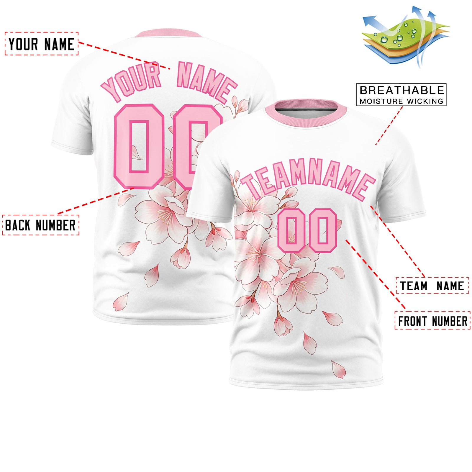 Custom White Light Pink Pink Cherry Blossoms Personalization Moisture-Wicking T-shirt| KXKSHOP