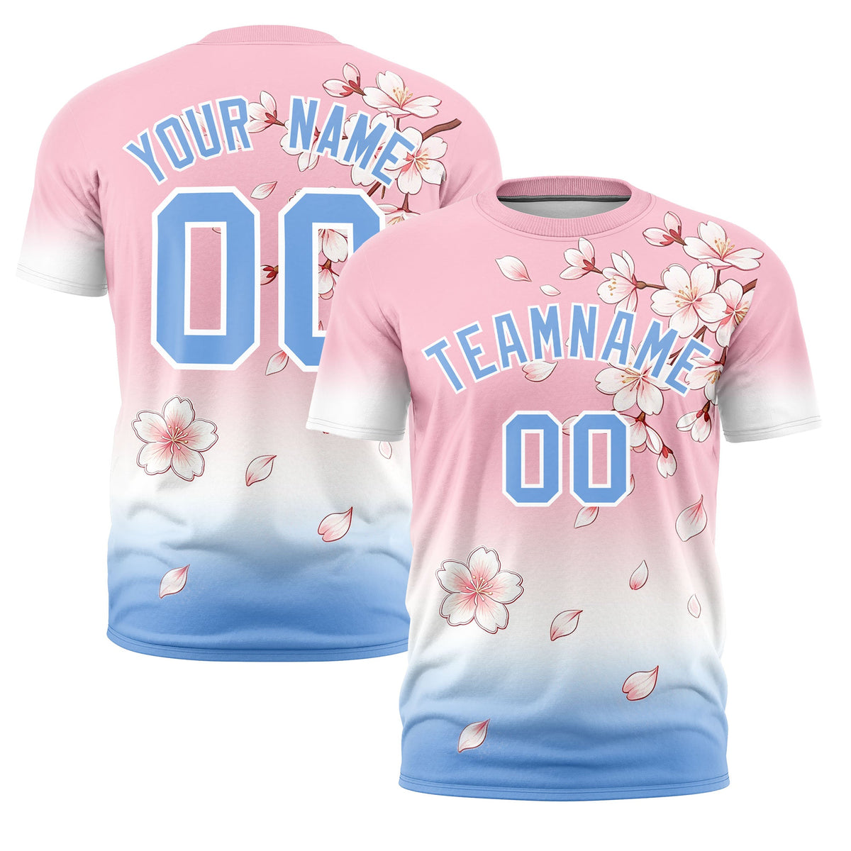 Custom Light Pink White Light Blue Cherry Blossoms Personalization Moisture-Wicking T-shirt| KXKSHOP