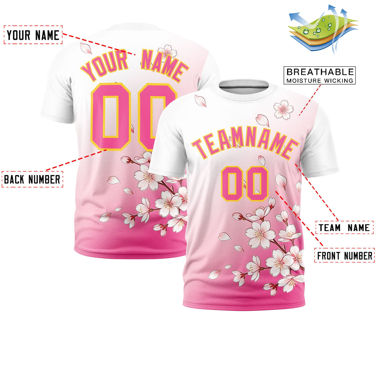 Custom White Pink Gold Cherry Blossoms Personalization Stretch Fabric T-shirt| KXKSHOP