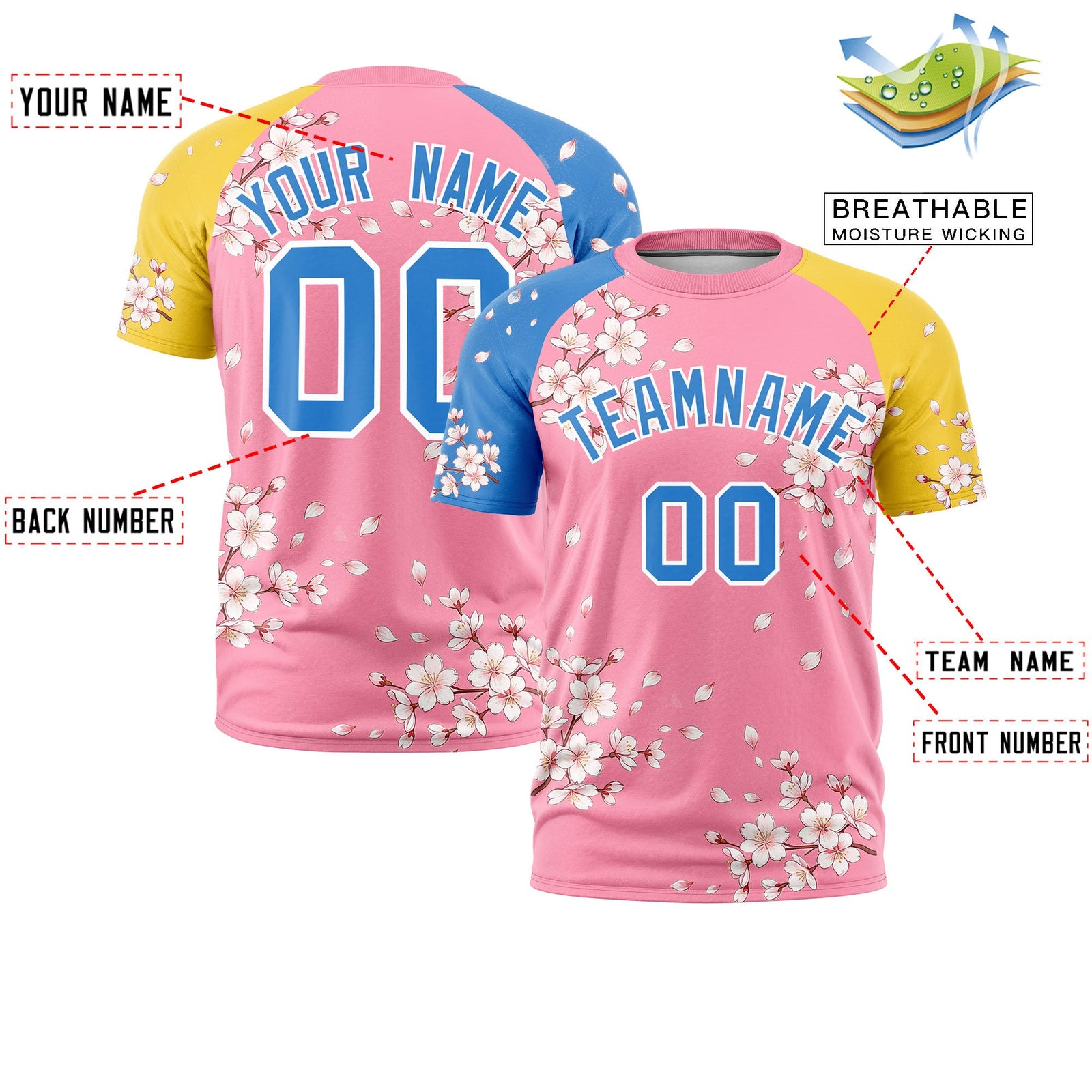 Custom Light Pink Light Blue Gold Cherry Blossoms Personalization Stretch Fabric T-shirt| KXKSHOP