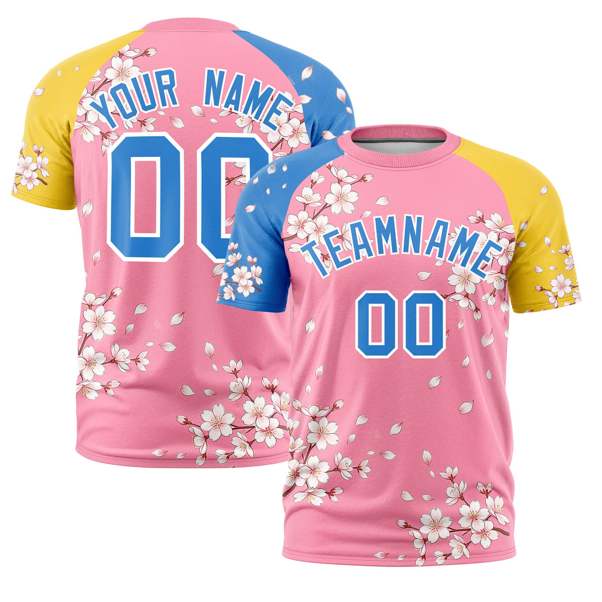 Custom Light Pink Light Blue Gold Cherry Blossoms Personalization Stretch Fabric T-shirt| KXKSHOP