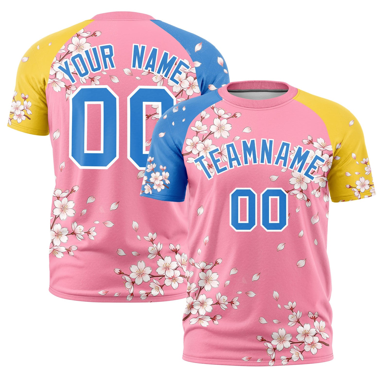 Custom Light Pink Light Blue Gold Cherry Blossoms Personalization Stretch Fabric T-shirt| KXKSHOP