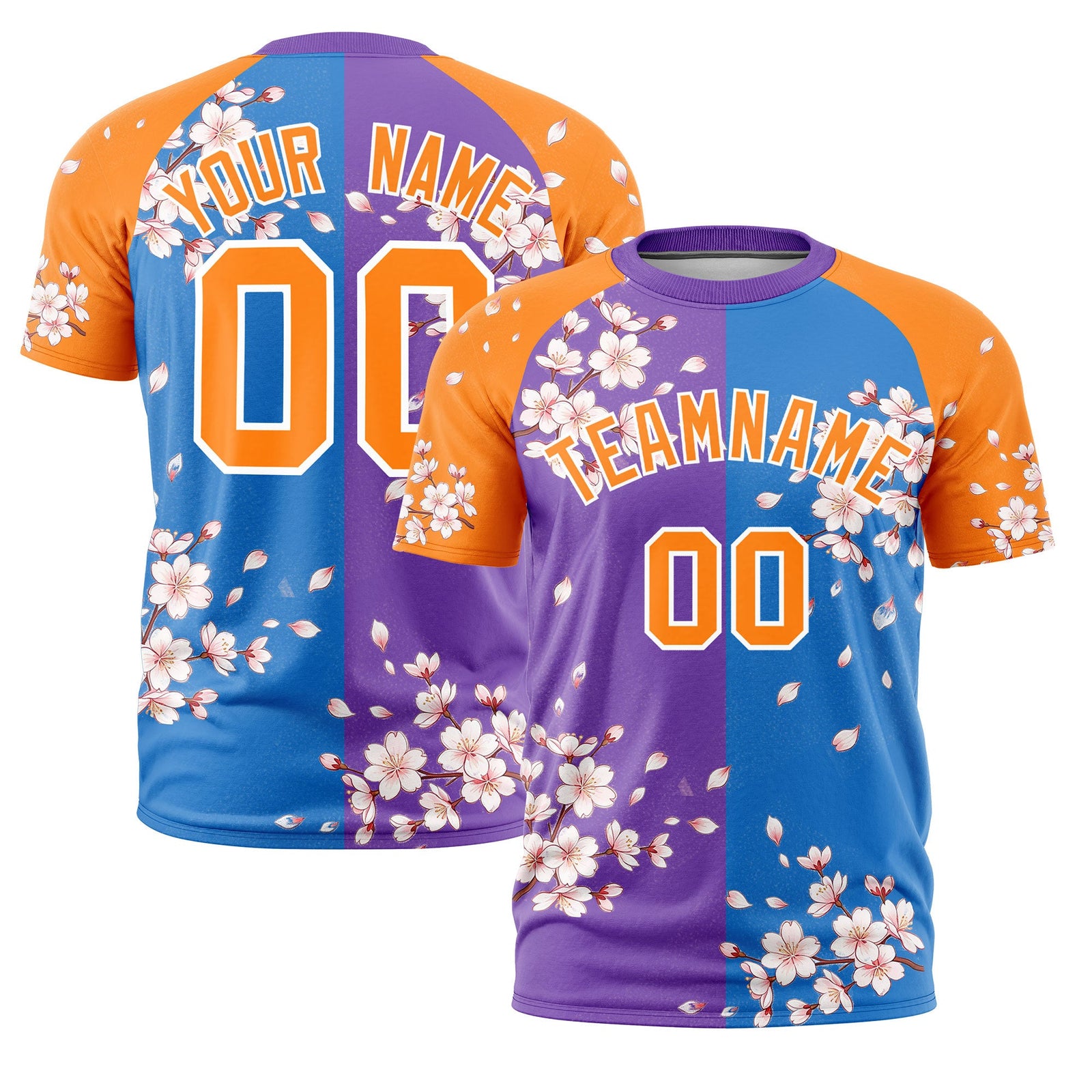 Custom Light Blue Orange White Cherry Blossoms Personalization Stretch Fabric T-shirt| KXKSHOP