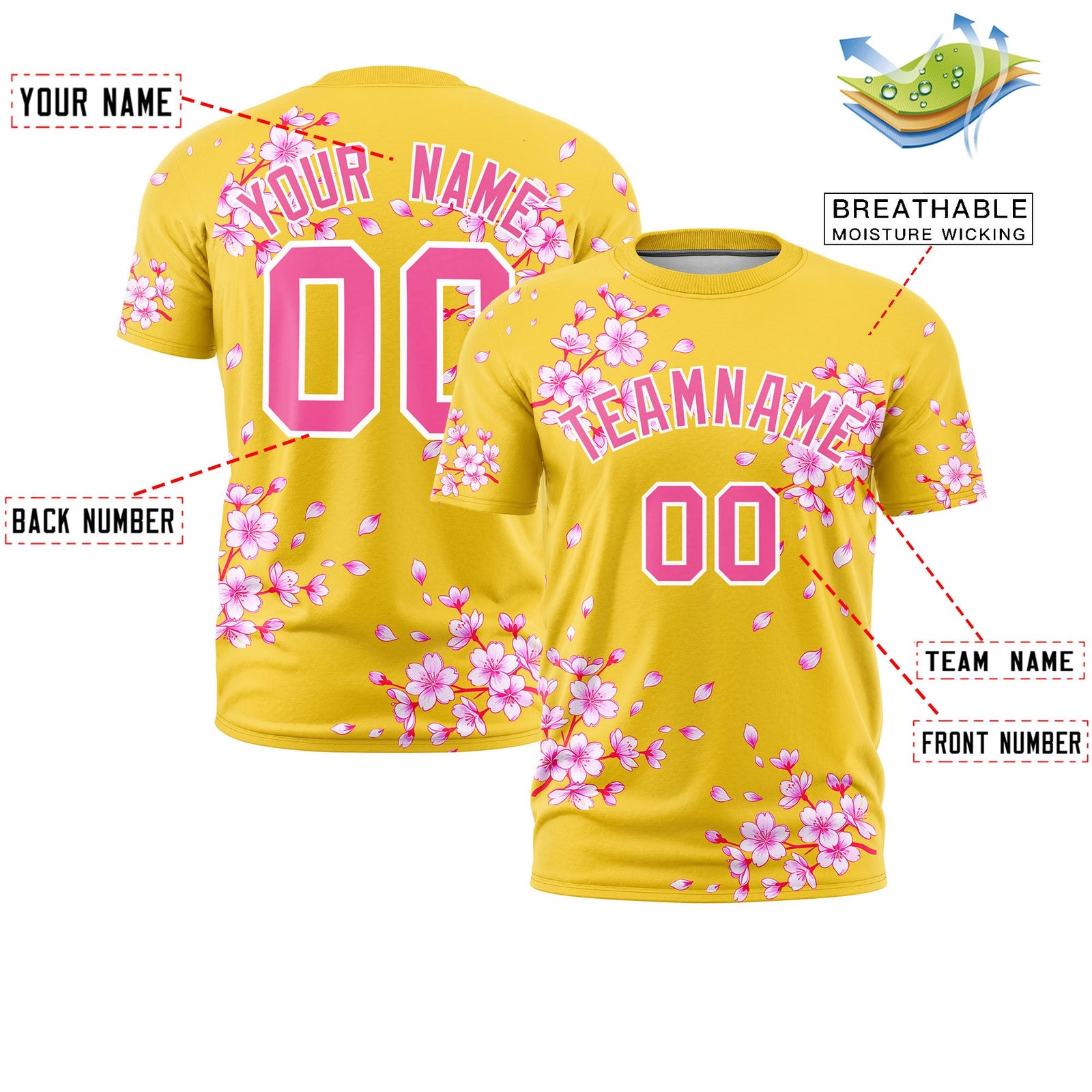 Custom Gold Pink White Cherry Blossoms Personalization Moisture-Wicking T-shirt| KXKSHOP