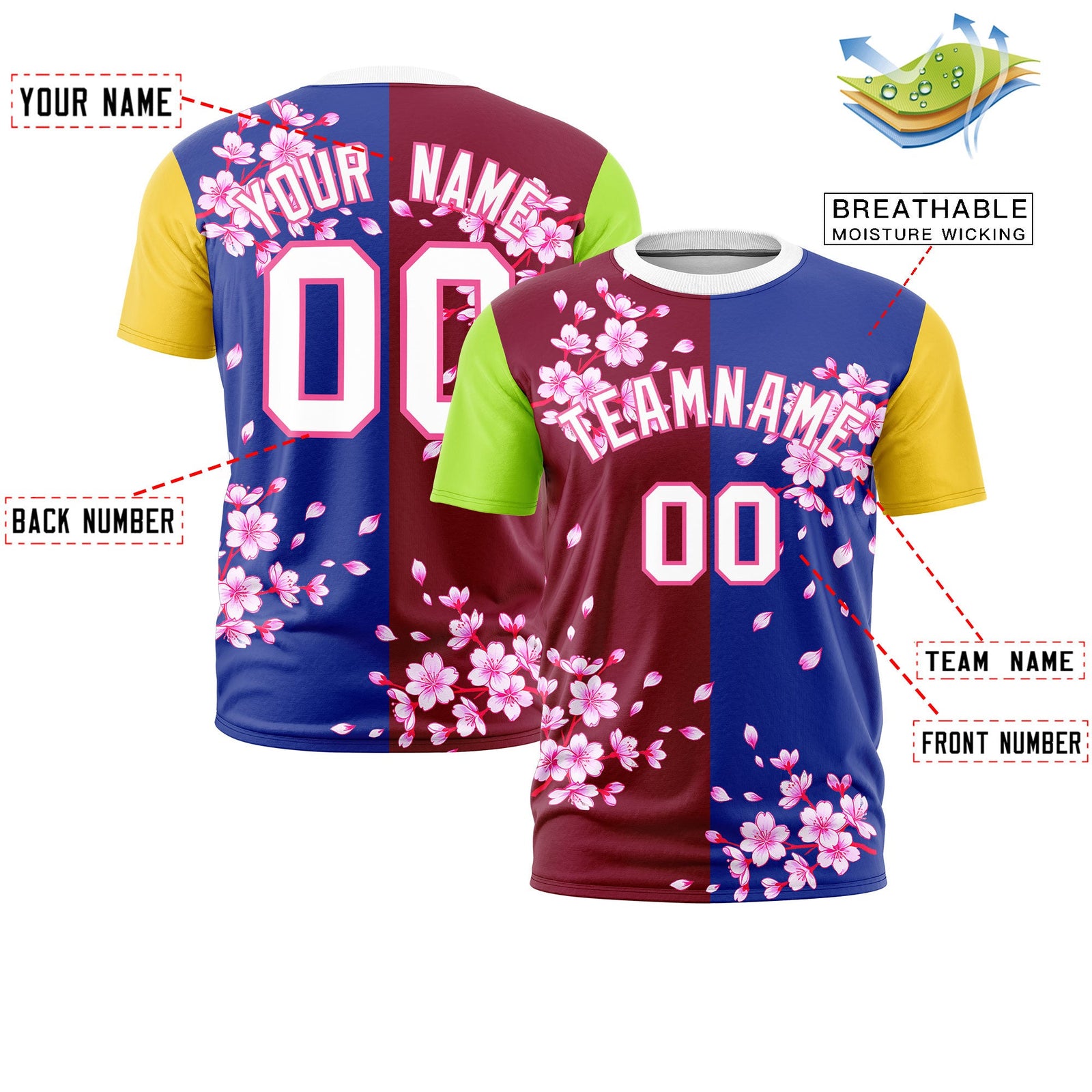 Custom Crimson Royal Blue Neon Green Cherry Blossoms Personalization Stretch Fabric T-shirt| KXKSHOP