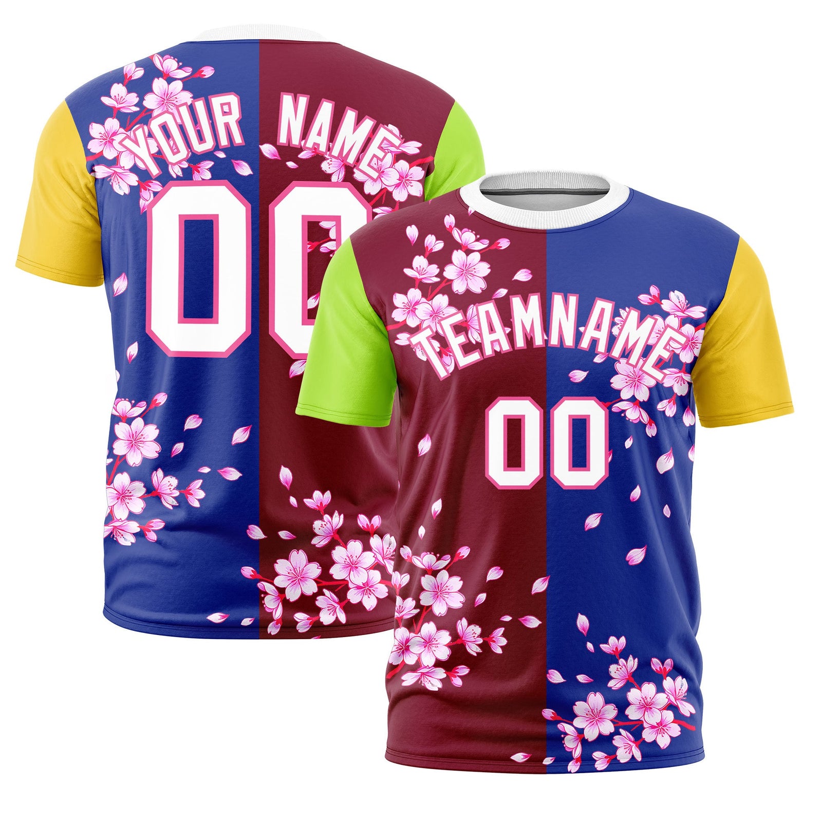 Custom Crimson Royal Blue Neon Green Cherry Blossoms Personalization Stretch Fabric T-shirt| KXKSHOP