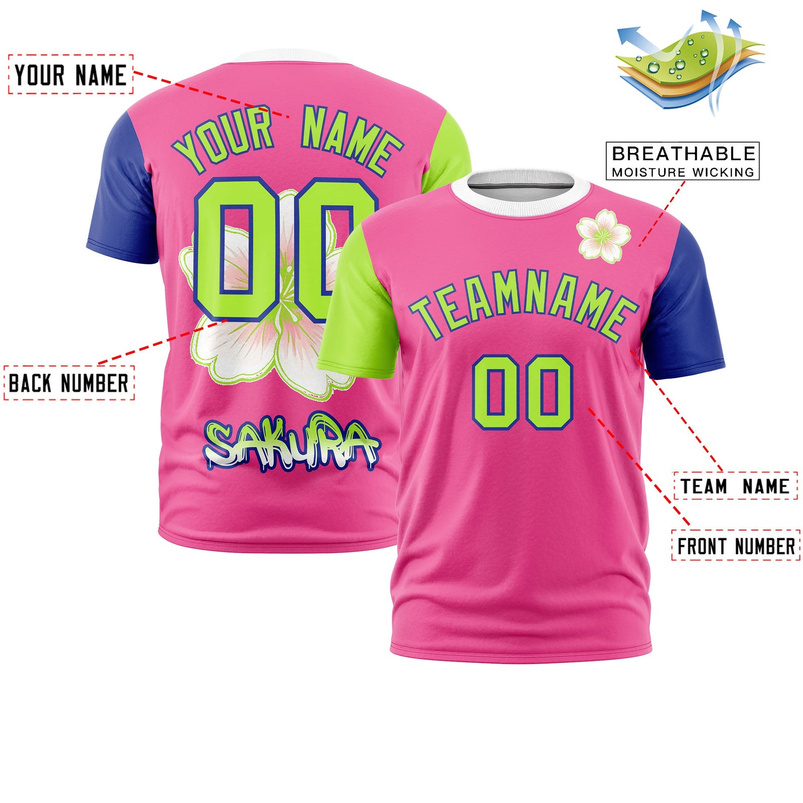 Custom Pink Neon Green Royal Blue Cherry Blossoms Personalization Moisture-Wicking T-shirt| KXKSHOP