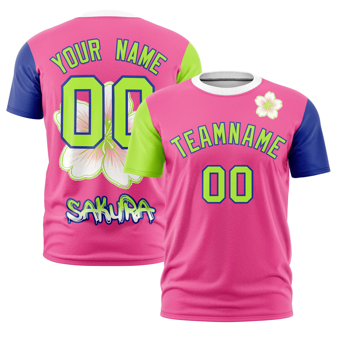 Custom Pink Neon Green Royal Blue Cherry Blossoms Personalization Moisture-Wicking T-shirt| KXKSHOP