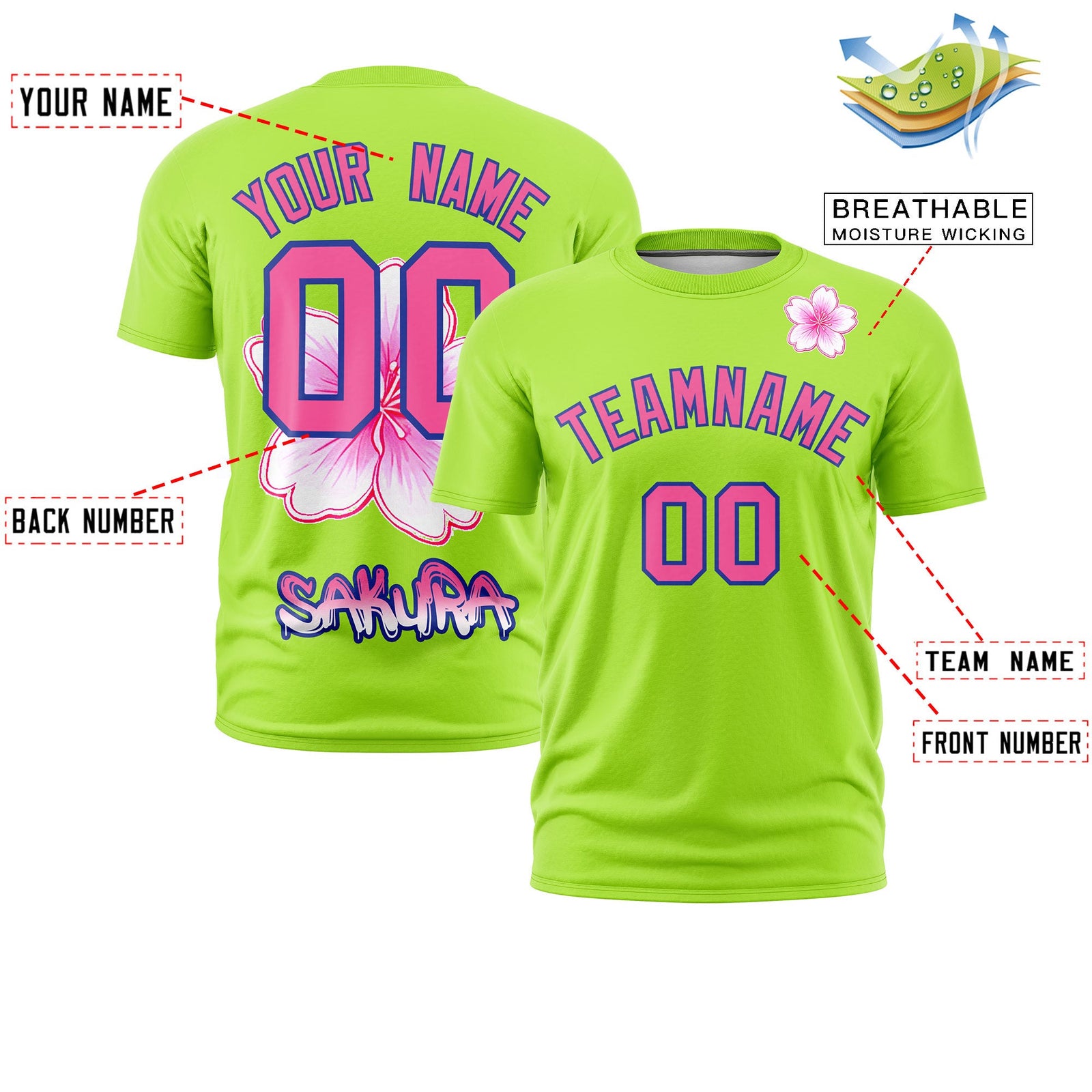 Custom Neon Green Pink Royal Blue Cherry Blossoms Personalization Stretch Fabric T-shirt| KXKSHOP