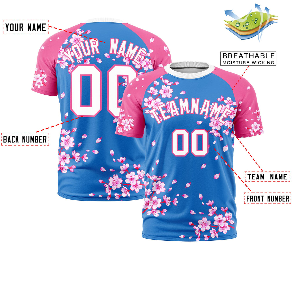 Custom Light Blue Pink White Cherry Blossoms Personalization Stretch Fabric T-shirt| KXKSHOP