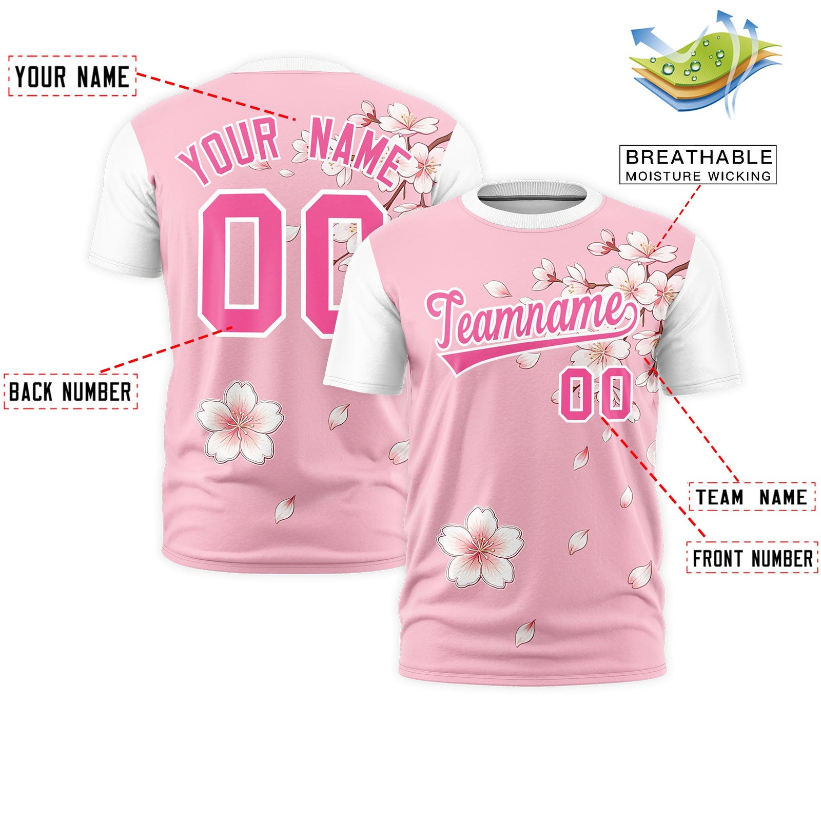Custom Light Pink White Pink Cherry Blossoms Personalization Moisture-Wicking T-shirt| KXKSHOP