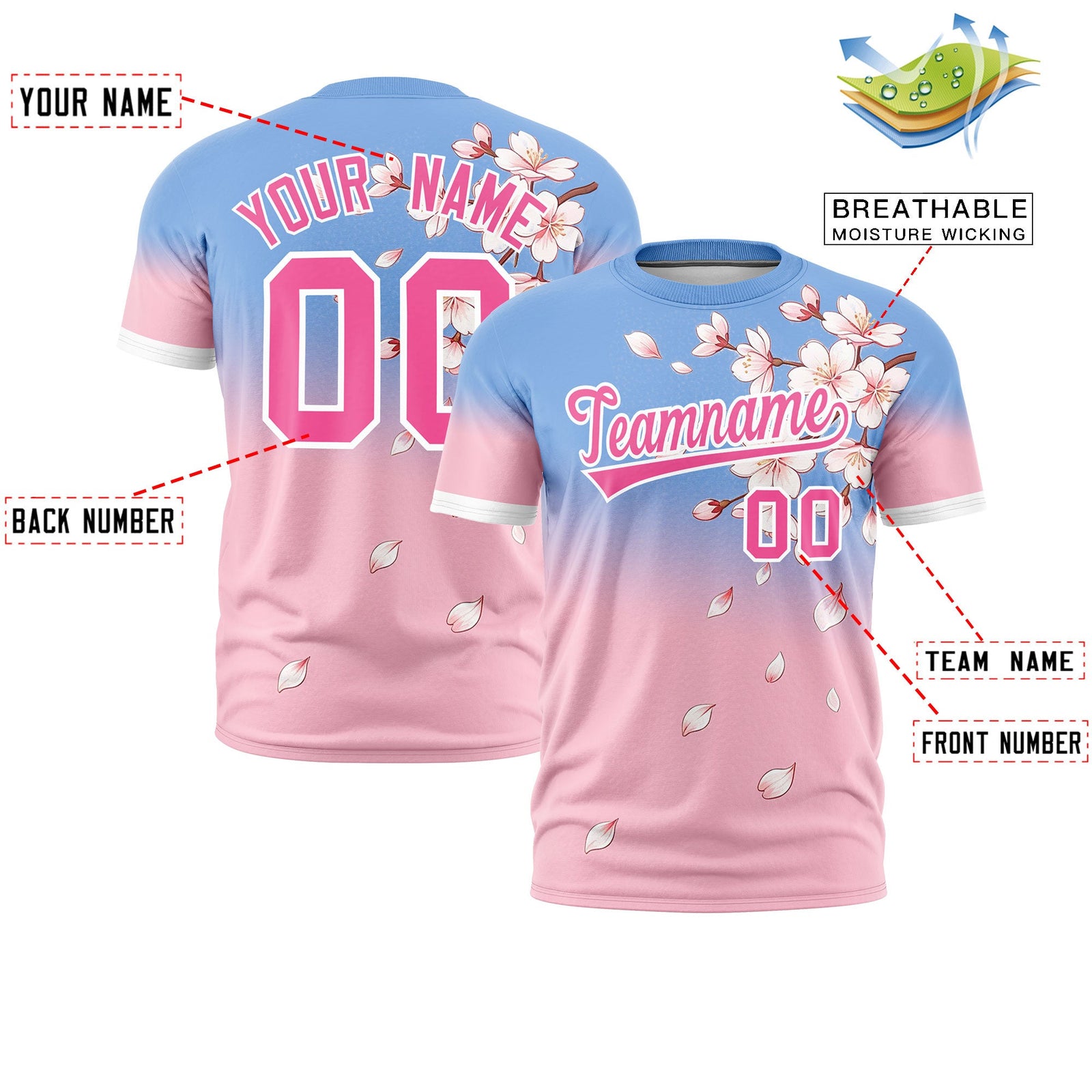 Custom Light Blue Light Pink Pink Cherry Blossoms Personalization Moisture-Wicking T-shirt| KXKSHOP