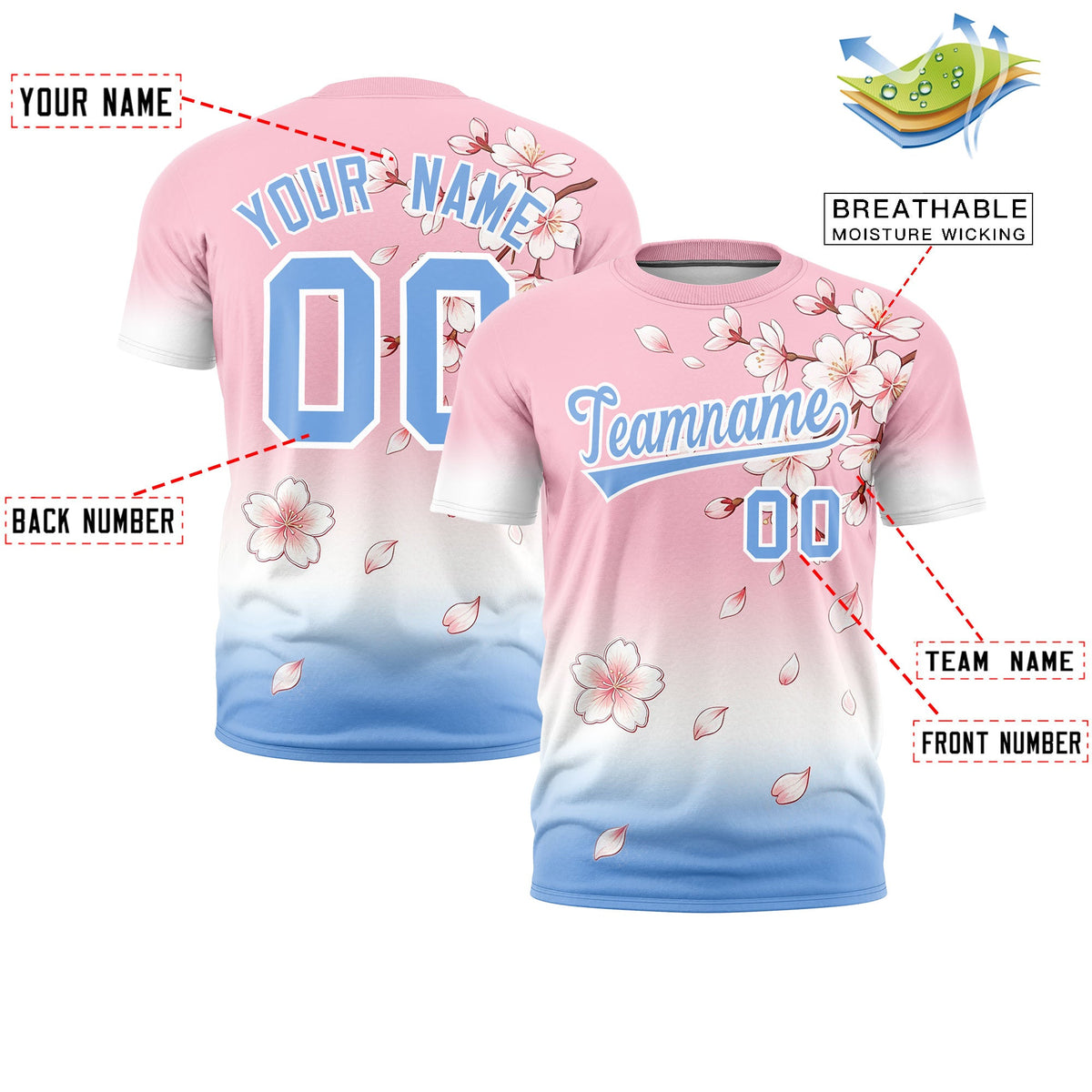 Custom Light Pink White Light Blue Cherry Blossoms Personalization Moisture-Wicking T-shirt| KXKSHOP