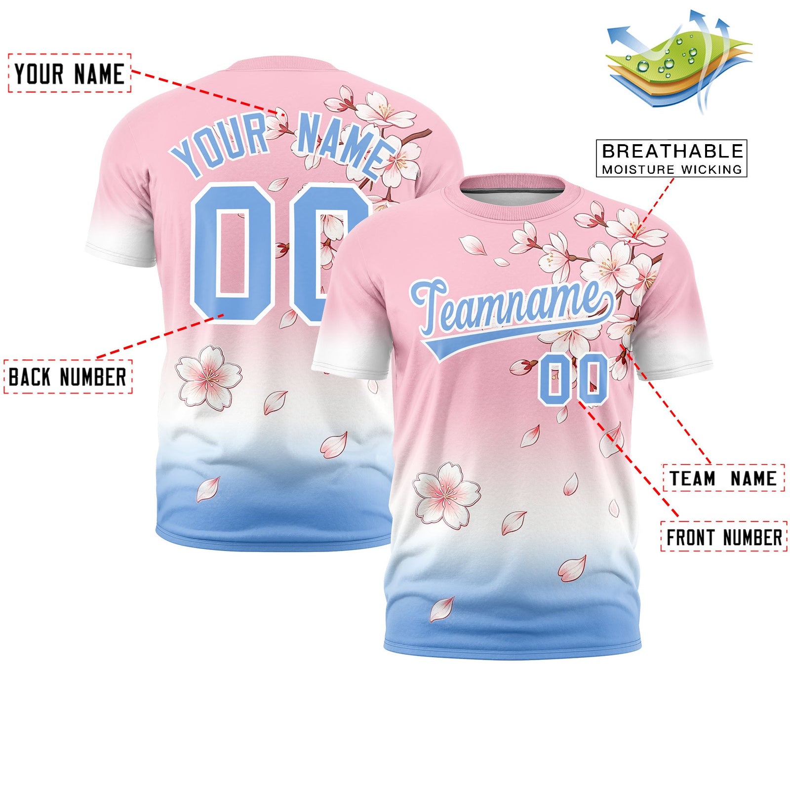 Custom Light Pink White Light Blue Cherry Blossoms Personalization Moisture-Wicking T-shirt| KXKSHOP