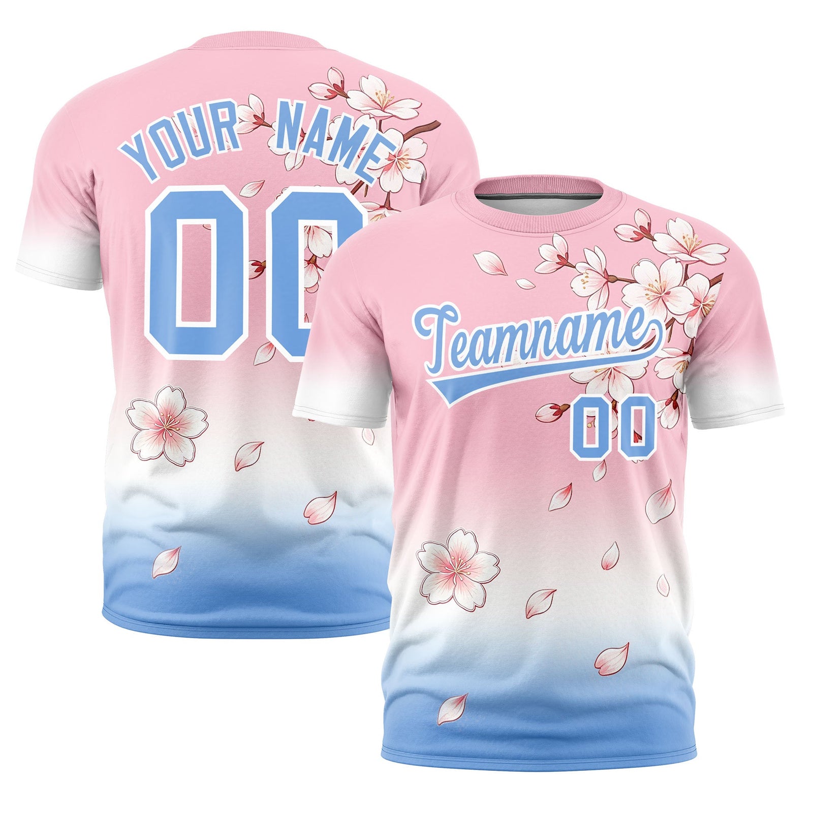 Custom Light Pink White Light Blue Cherry Blossoms Personalization Moisture-Wicking T-shirt| KXKSHOP