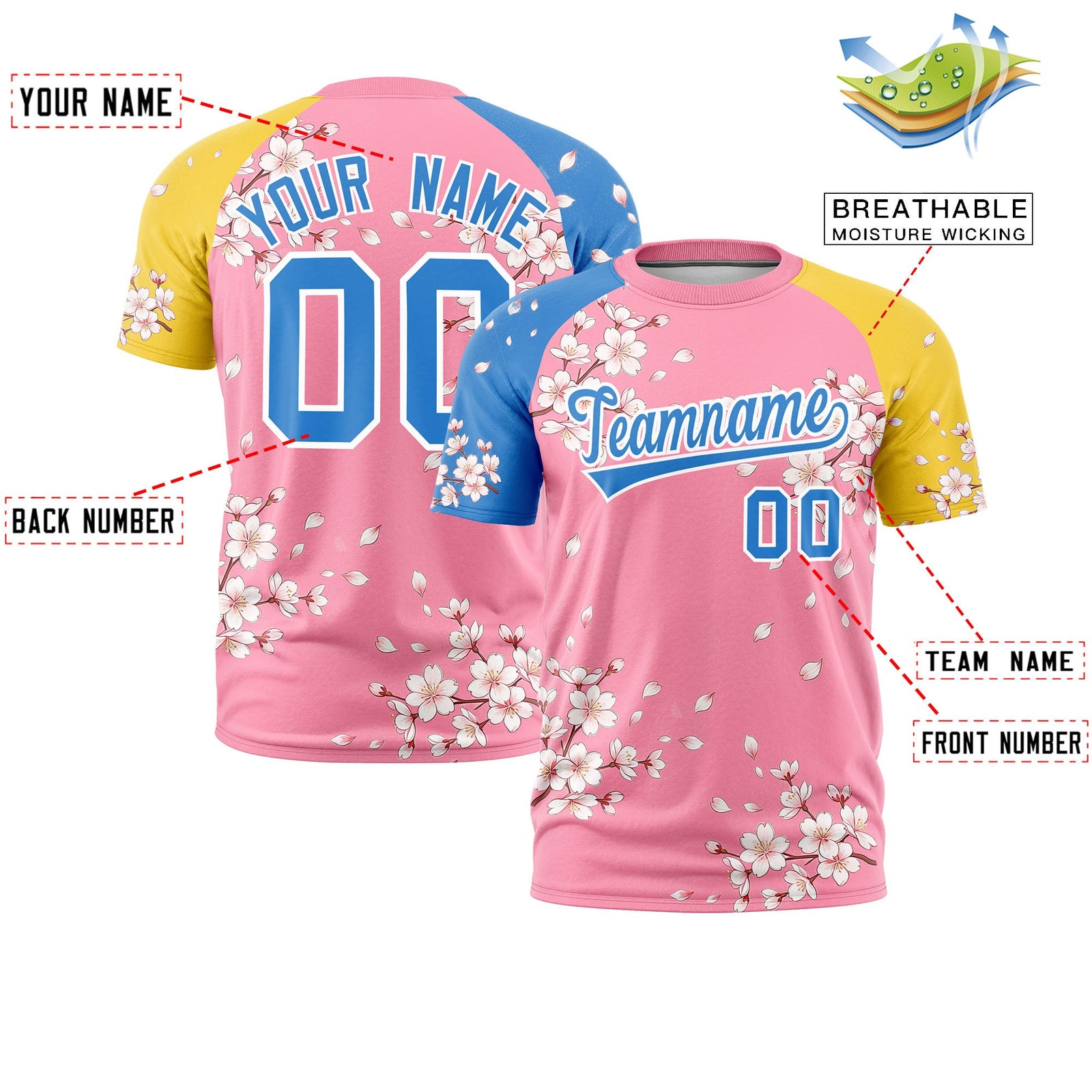 Custom Light Pink Light Blue Gold Cherry Blossoms Personalization Stretch Fabric T-shirt| KXKSHOP