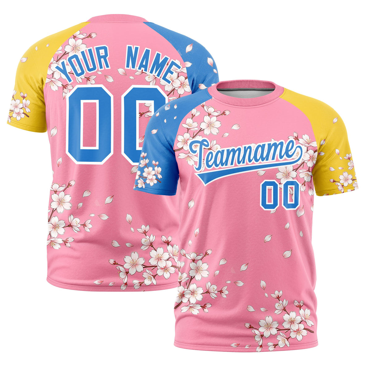 Custom Light Pink Light Blue Gold Cherry Blossoms Personalization Stretch Fabric T-shirt| KXKSHOP