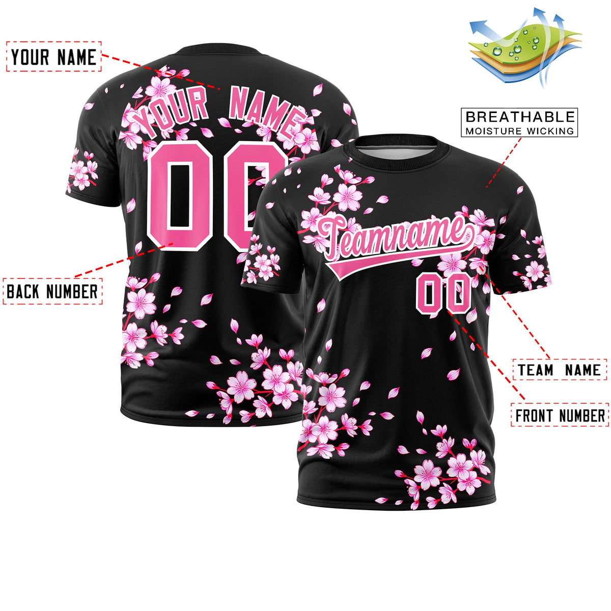 Custom Black Pink White Cherry Blossoms Personalization Moisture-Wicking T-shirt| KXKSHOP