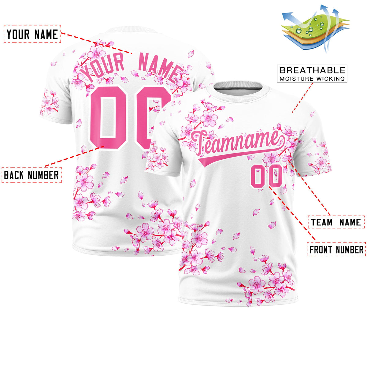 Custom White Pink Cherry Blossoms Personalization Stretch Fabric T-shirt| KXKSHOP