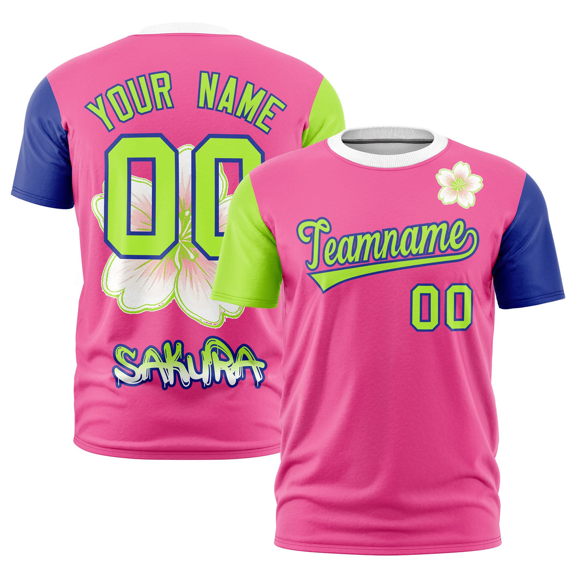 Custom Pink Neon Green Royal Blue Cherry Blossoms Personalization Moisture-Wicking T-shirt| KXKSHOP