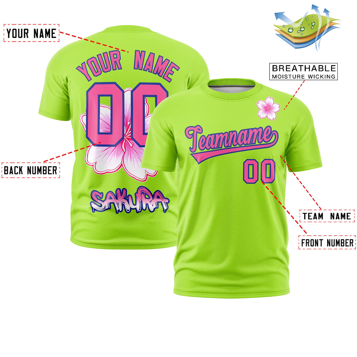 Custom Neon Green Pink Royal Blue Cherry Blossoms Personalization Stretch Fabric T-shirt| KXKSHOP