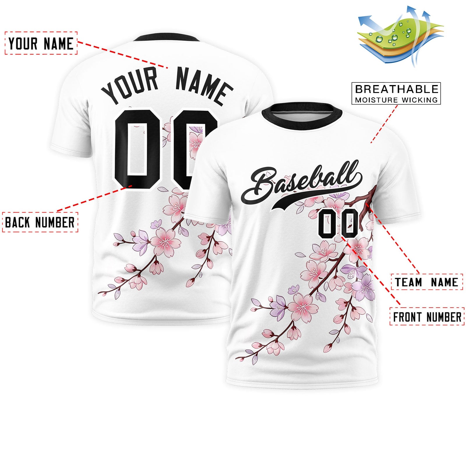 Custom White Black Cherry Blossoms Personalization Moisture-Wicking T-shirt| KXKSHOP
