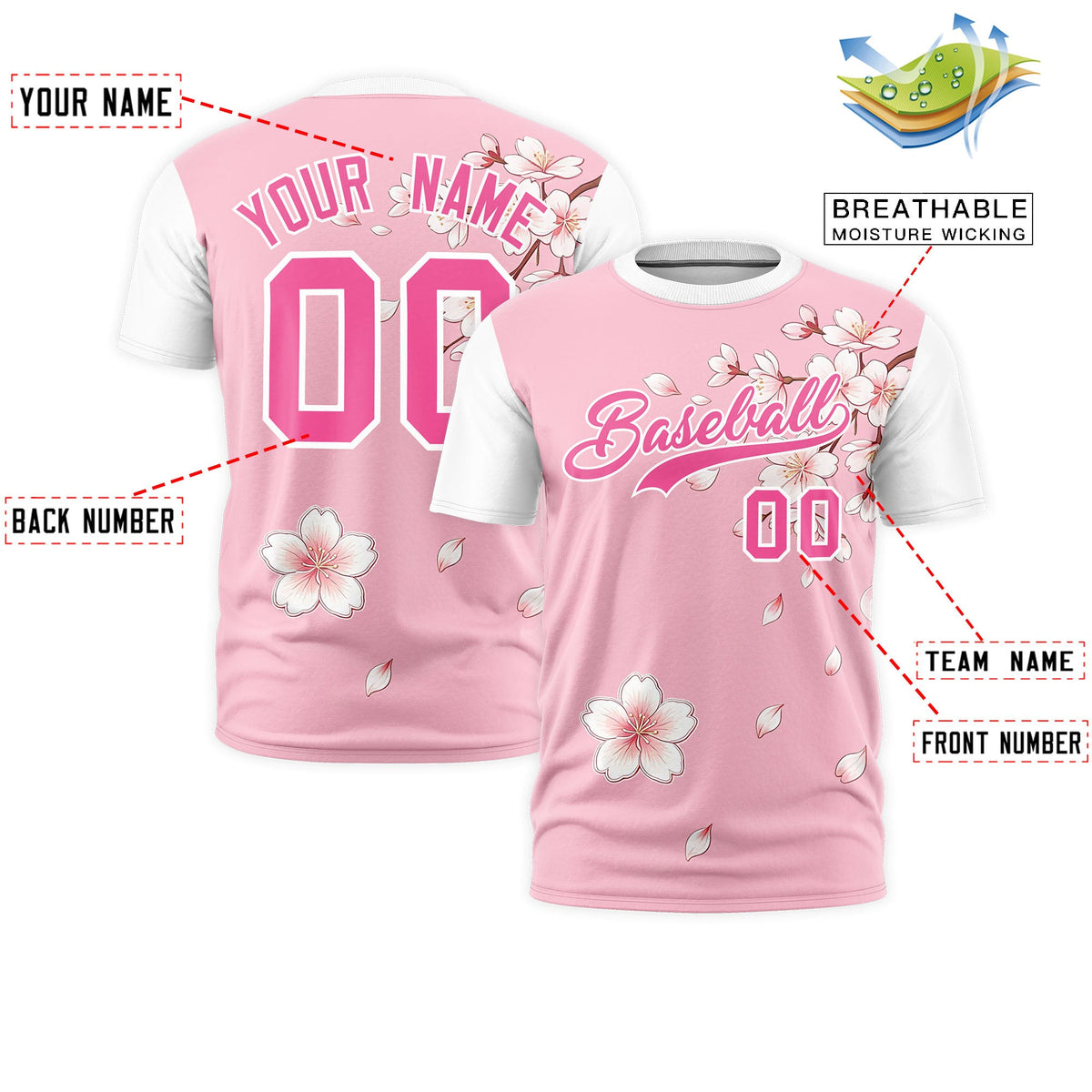 Custom Light Pink White Pink Cherry Blossoms Personalization Moisture-Wicking T-shirt| KXKSHOP