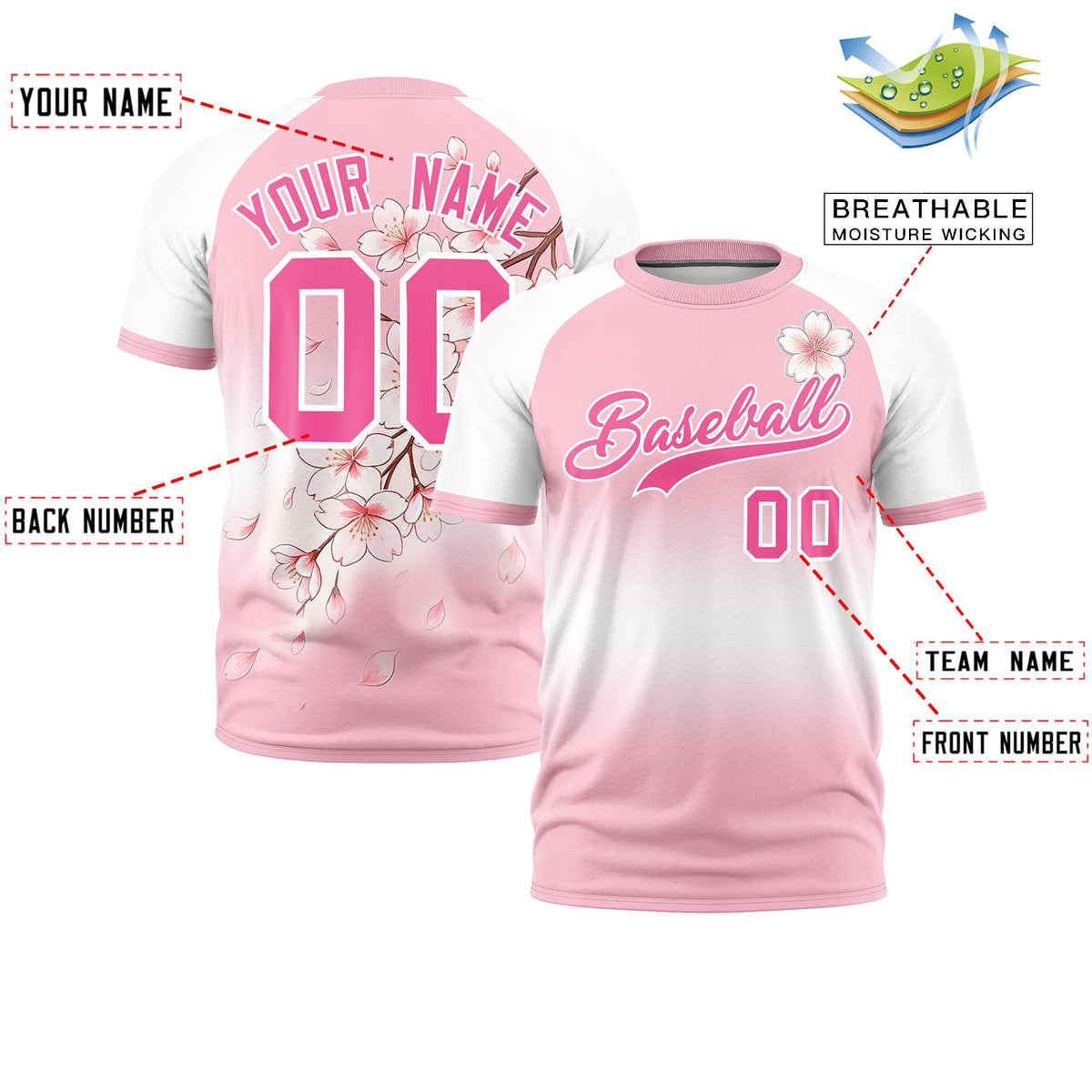 Custom Light Pink White Pink Cherry Blossoms Personalization Stretch Fabric T-shirt| KXKSHOP