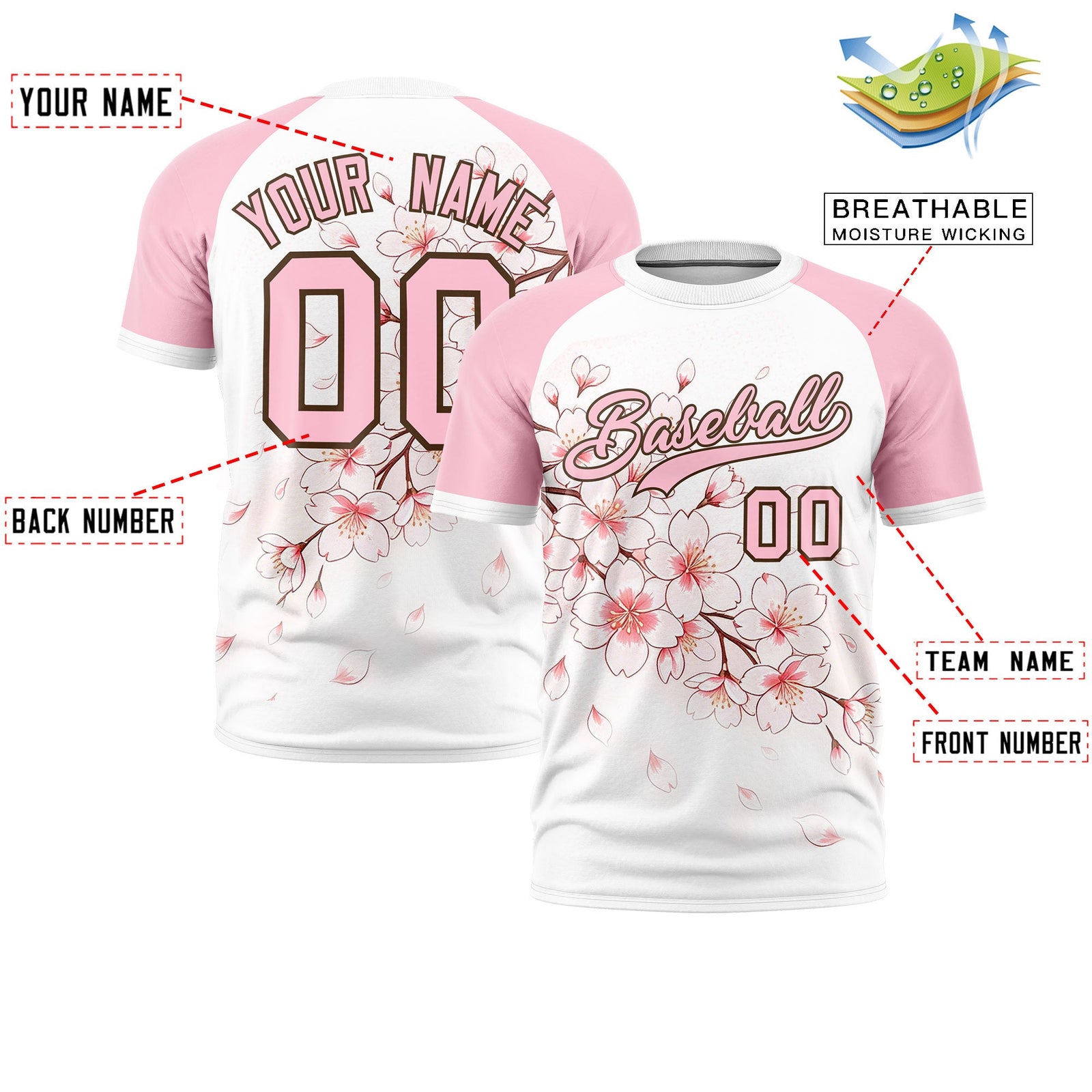 Custom White Light Pink Light Brown Cherry Blossoms Personalization Moisture-Wicking T-shirt| KXKSHOP