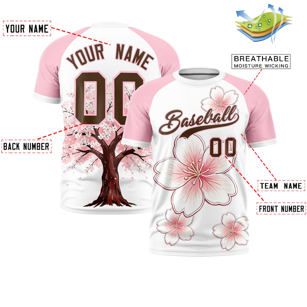 Custom White Light Pink Light Brown Cherry Blossoms Personalization Stretch Fabric T-shirt| KXKSHOP