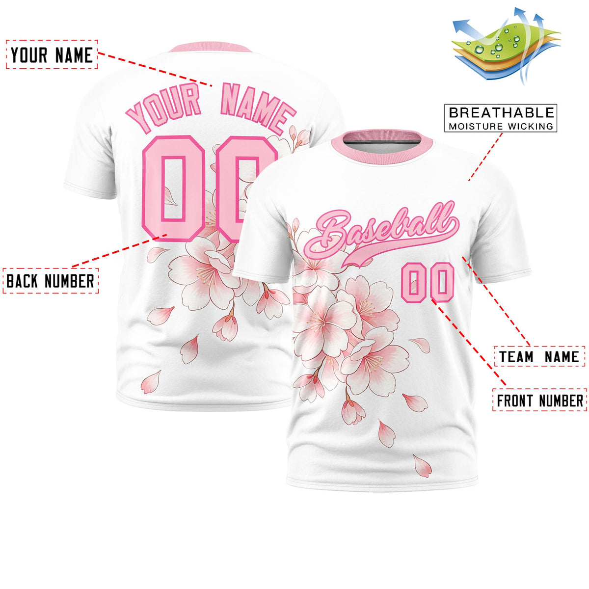 Custom White Light Pink Pink Cherry Blossoms Personalization Moisture-Wicking T-shirt| KXKSHOP