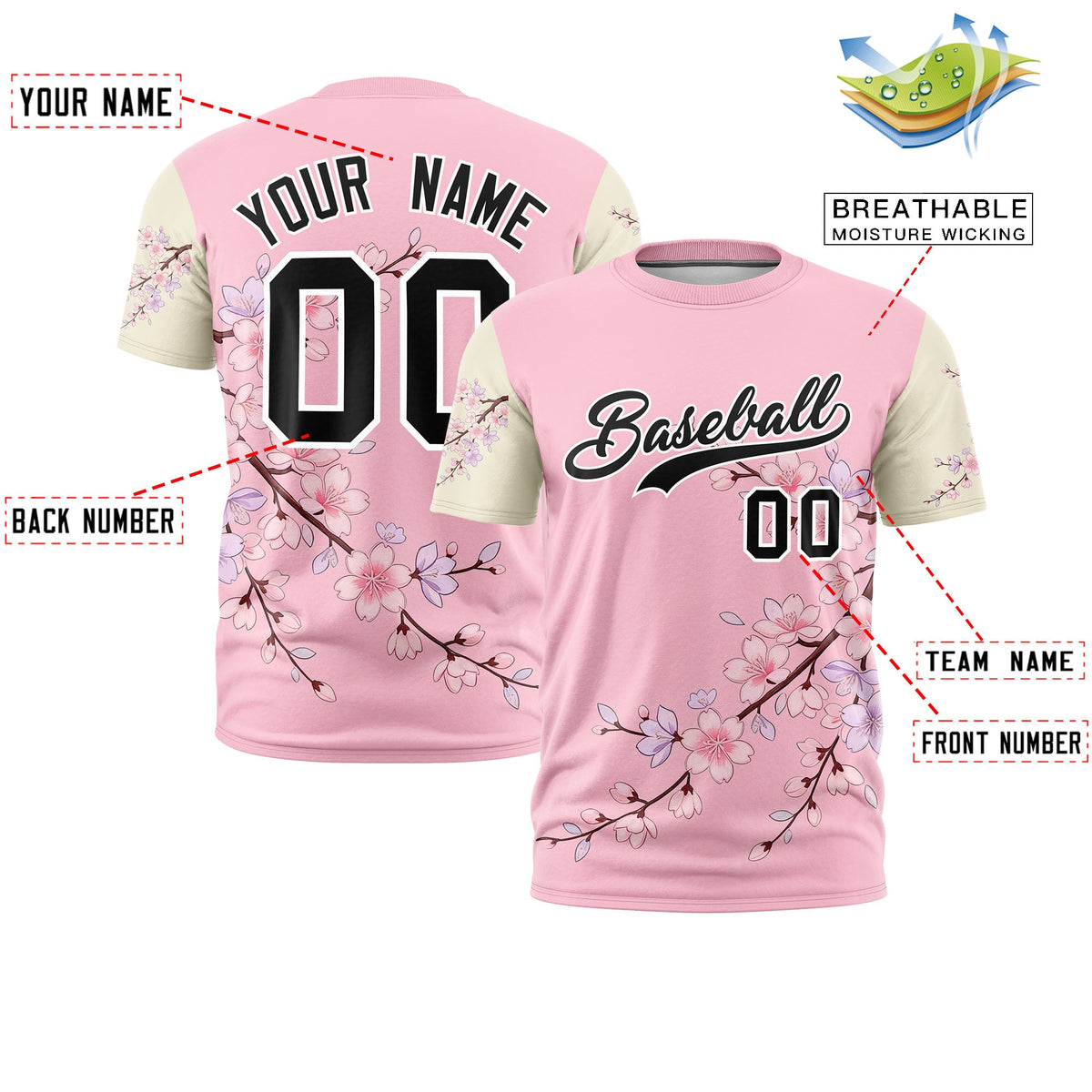 Custom Light Pink Light Khaki Black Cherry Blossoms Personalization Stretch Fabric T-shirt| KXKSHOP