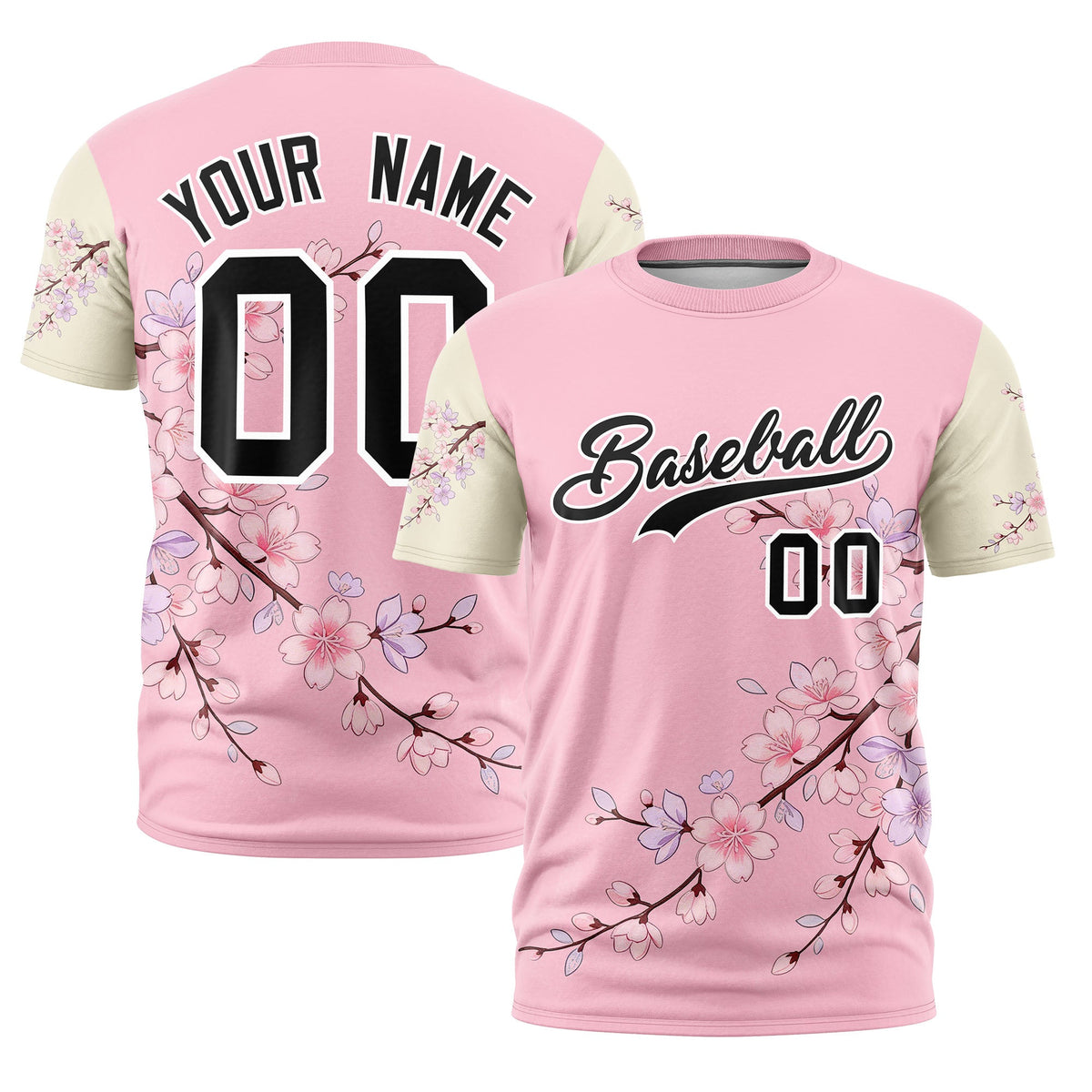 Custom Light Pink Light Khaki Black Cherry Blossoms Personalization Stretch Fabric T-shirt| KXKSHOP