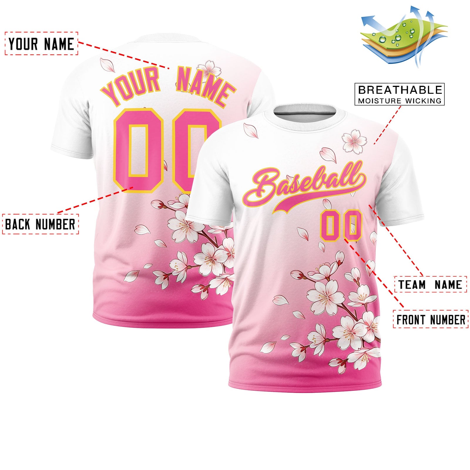 Custom White Pink Gold Cherry Blossoms Personalization Stretch Fabric T-shirt| KXKSHOP