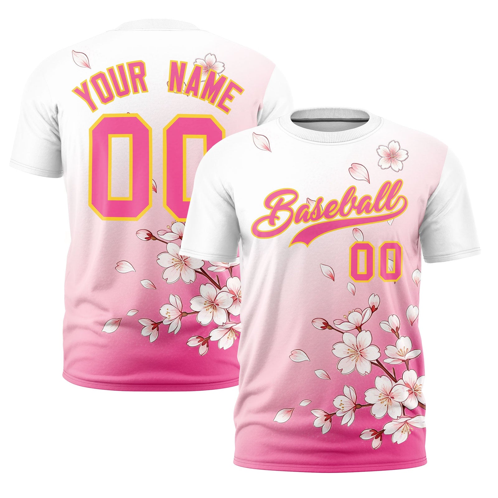 Custom White Pink Gold Cherry Blossoms Personalization Stretch Fabric T-shirt| KXKSHOP