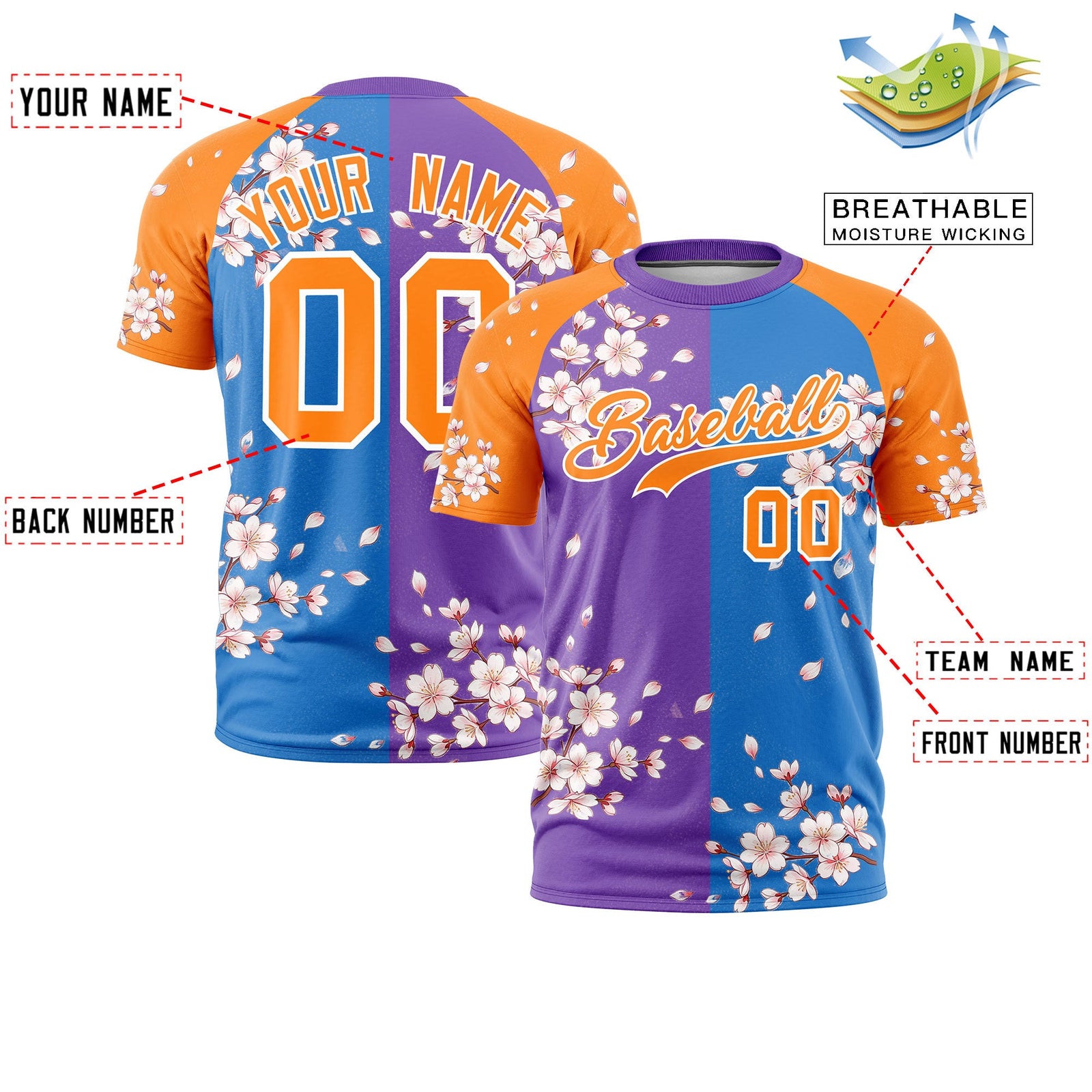 Custom Light Blue Orange White Cherry Blossoms Personalization Stretch Fabric T-shirt| KXKSHOP
