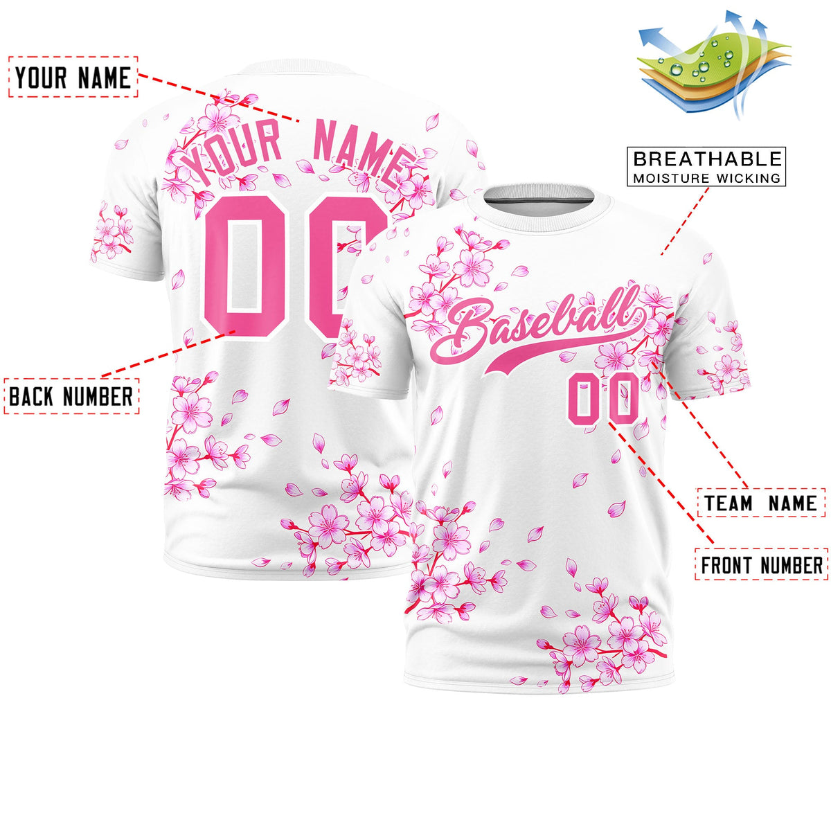 Custom White Pink Cherry Blossoms Personalization Stretch Fabric T-shirt| KXKSHOP