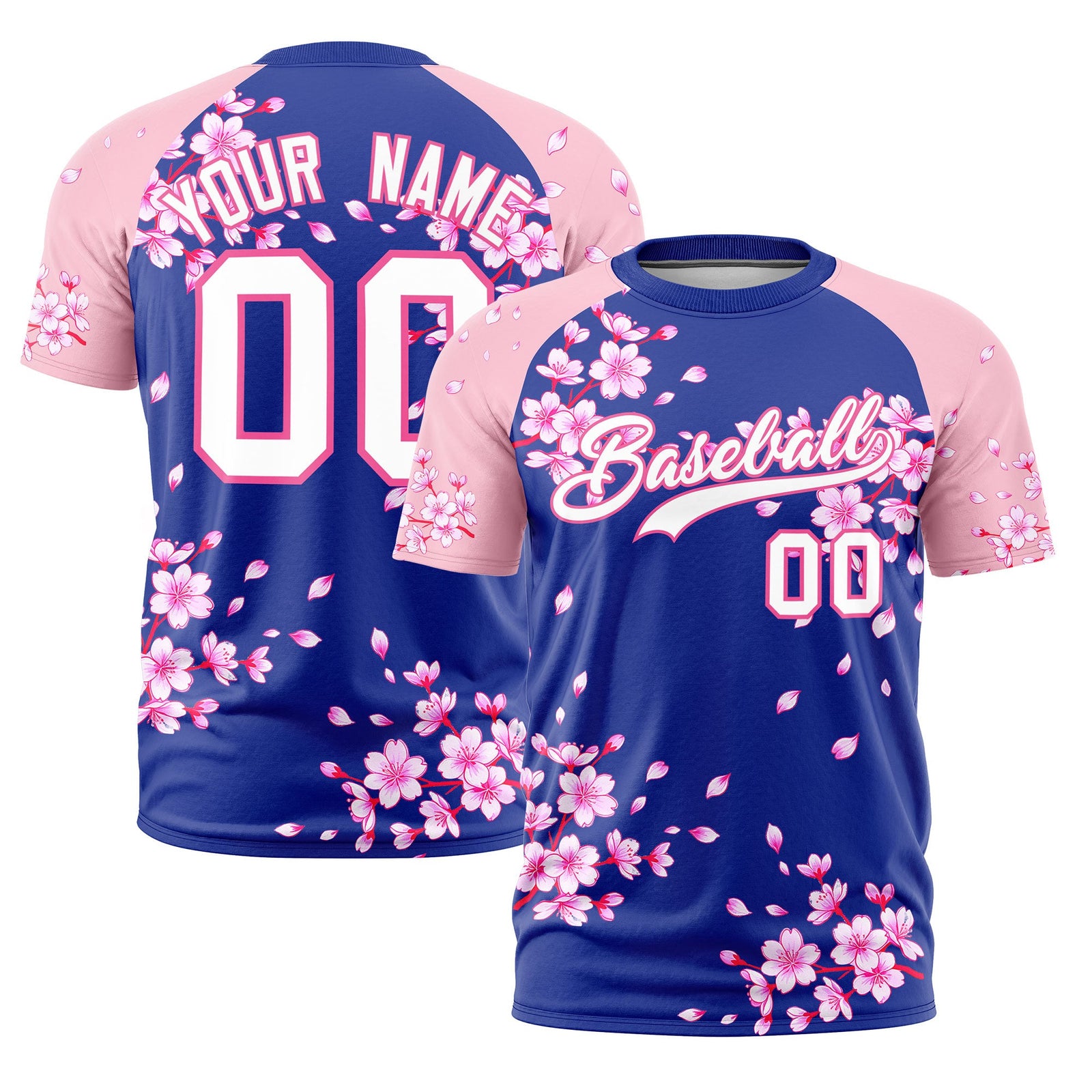 Custom Royal Blue Light Pink White Cherry Blossoms Personalization Moisture-Wicking T-shirt| KXKSHOP