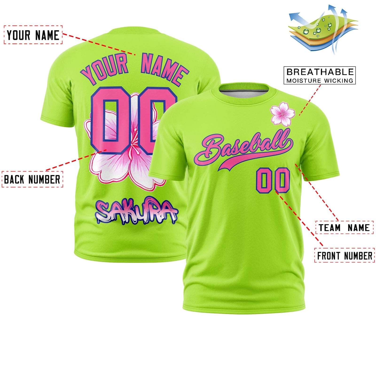 Custom Neon Green Pink Royal Blue Cherry Blossoms Personalization Stretch Fabric T-shirt| KXKSHOP