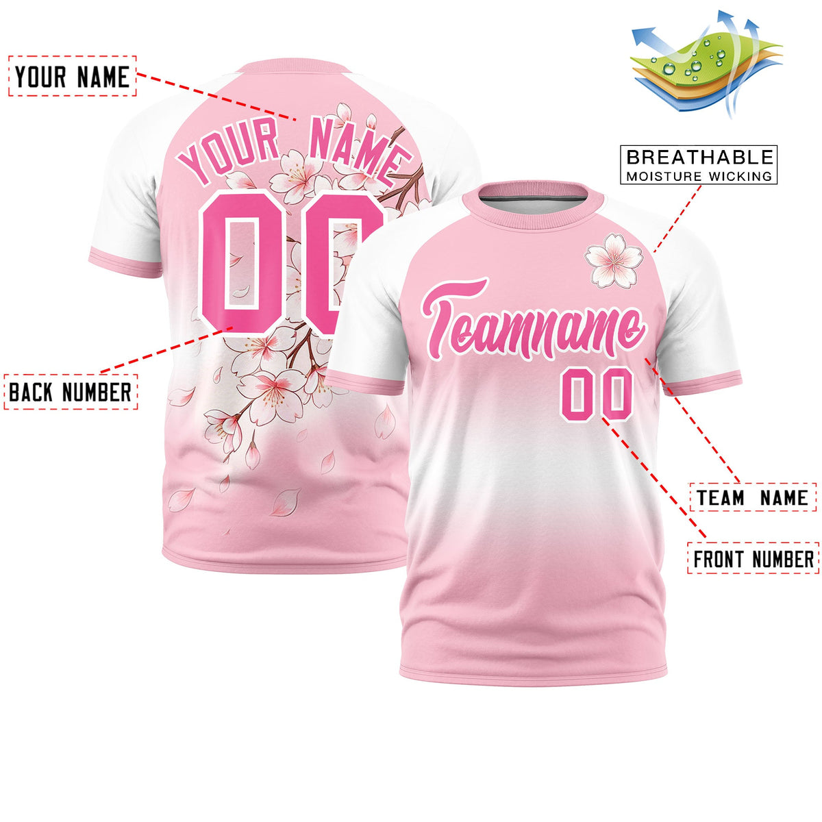 Custom Light Pink White Pink Cherry Blossoms Personalization Stretch Fabric T-shirt| KXKSHOP