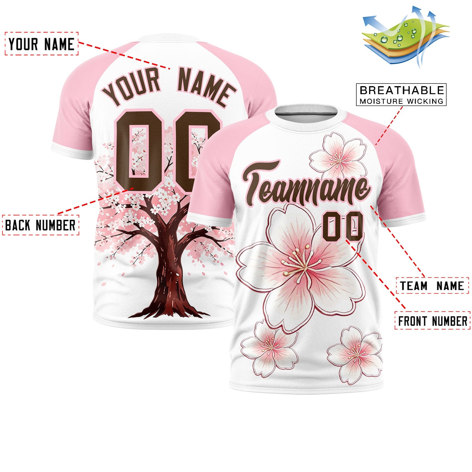 Custom White Light Pink Light Brown Cherry Blossoms Personalization Stretch Fabric T-shirt| KXKSHOP