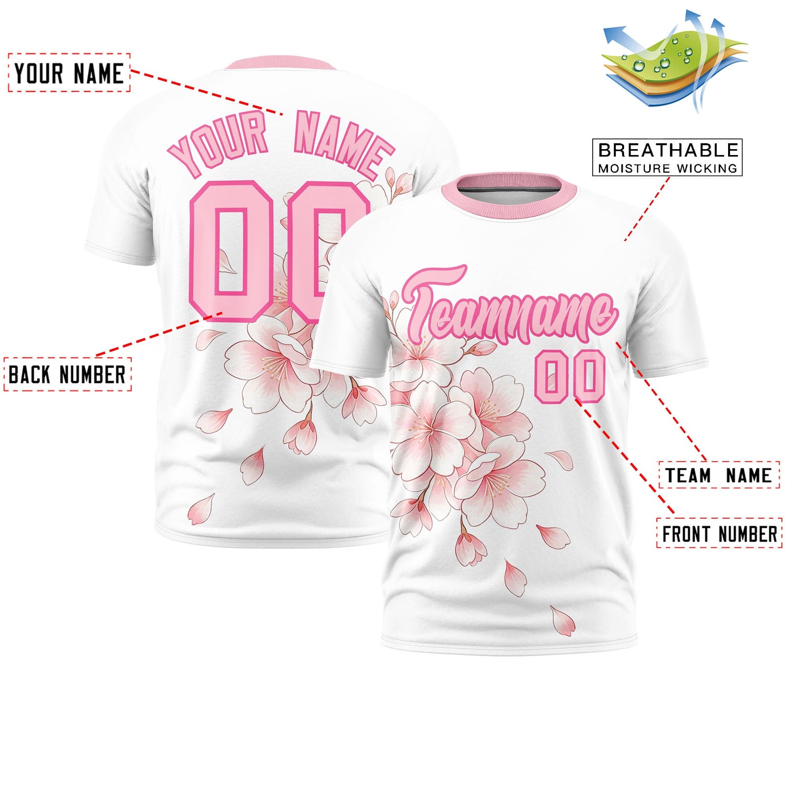 Custom White Light Pink Pink Cherry Blossoms Personalization Moisture-Wicking T-shirt| KXKSHOP