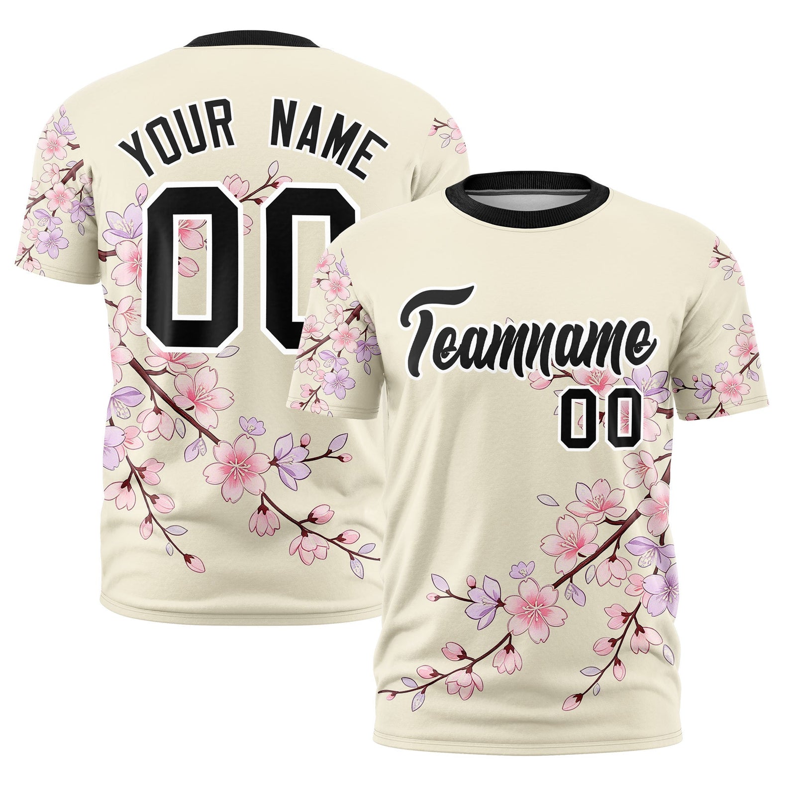 Custom Light Khaki Light Pink Black Cherry Blossoms Personalization Stretch Fabric T-shirt| KXKSHOP