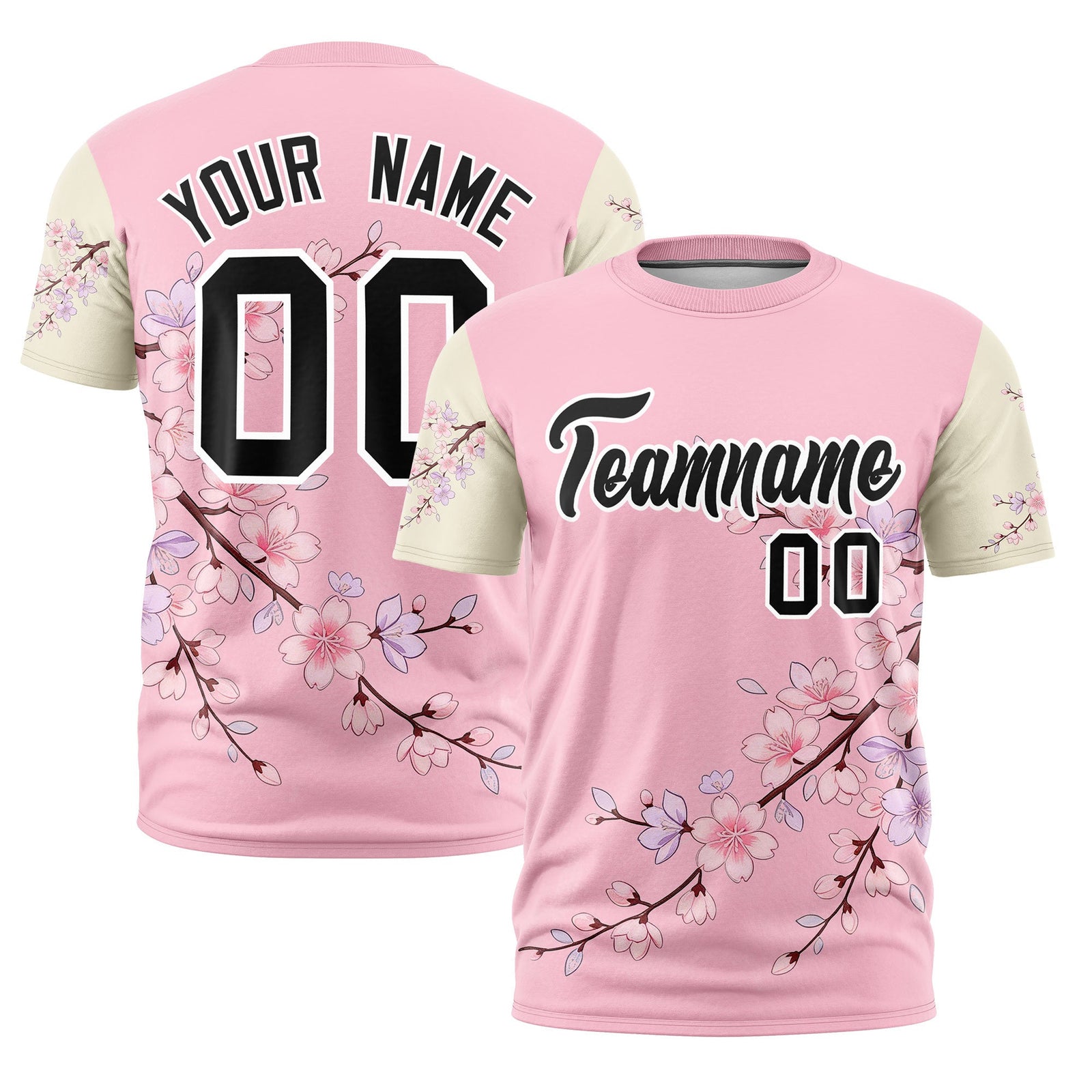 Custom Light Pink Light Khaki Black Cherry Blossoms Personalization Stretch Fabric T-shirt| KXKSHOP
