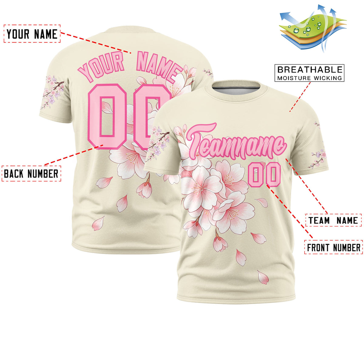 Custom Light Khaki Light Pink Pink Cherry Blossoms Personalization Moisture-Wicking T-shirt| KXKSHOP